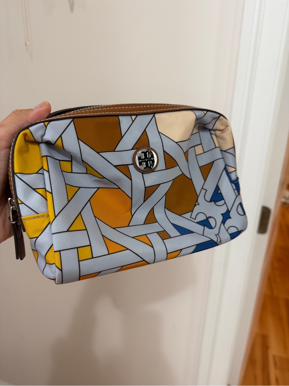 Tory Burch Yellow, Blue & Tan Geometric Cosmetic Pouch